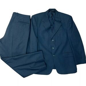 Paul Dione Men Virgin Wool Suit 46 Pants 36x29.5 Black Striped Classic Notch